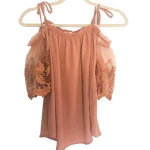 Gorgeous Cold Shoulder Top with Tulle Sleeve Rust Orange Medium